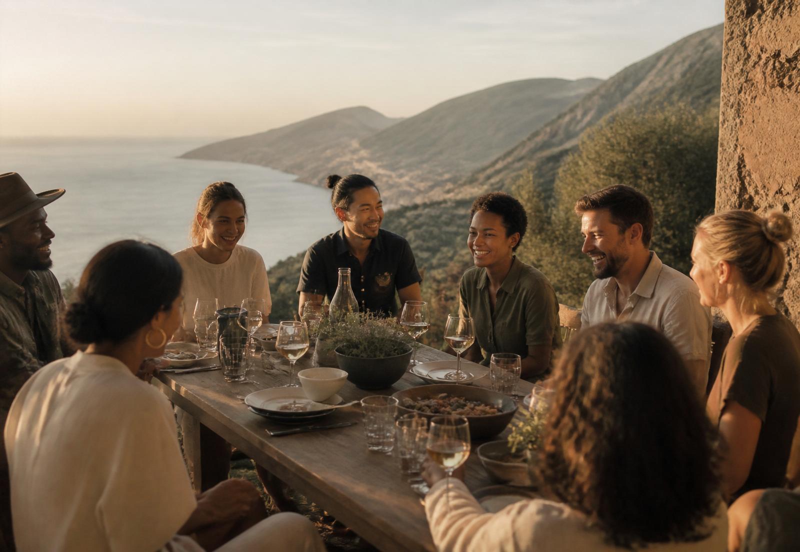 A small group sharing a meal at a coastal retreat at golden hour