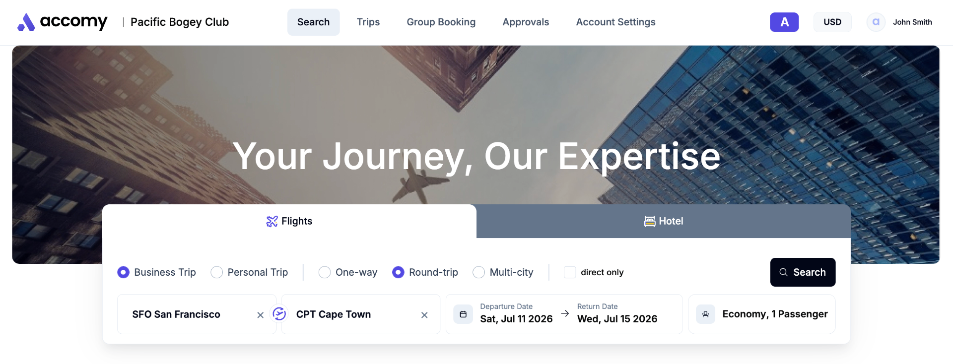 Preview of a branded Accomy travel booking platform